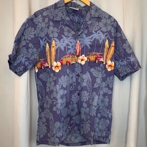VTG Winnie Fashion Cotton Hawaiian Shirt‎ Surf Car Palm Tree Print Aloha L Shirt